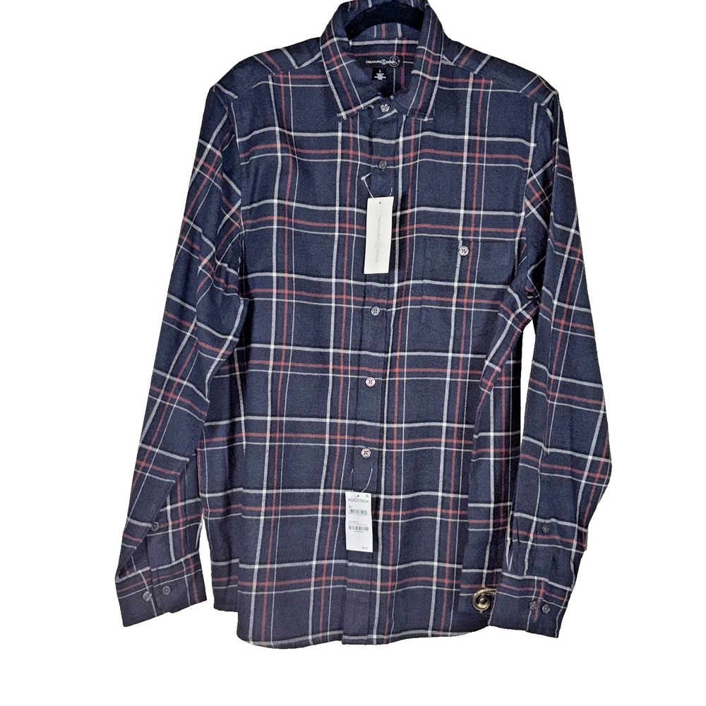 Treasure & Bond Men's Button-Down Shirt‎ Size L Blue Plaid Flannel  Long Sleeve